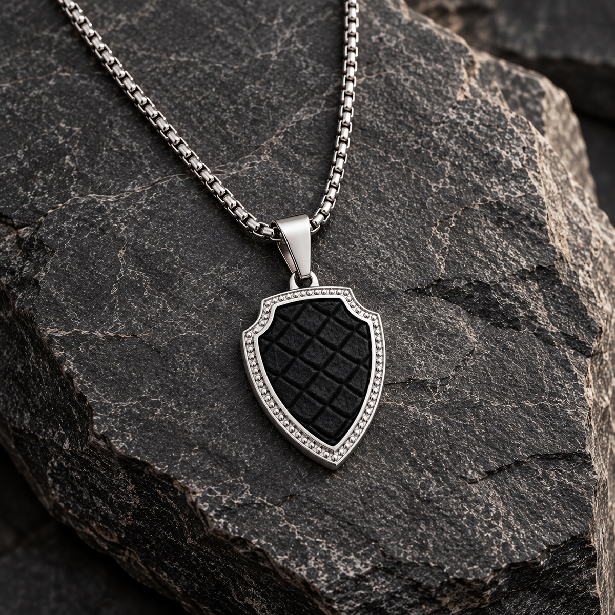 Shield Pendant Necklace with Leather Accents
