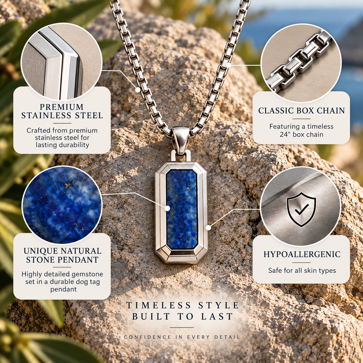 Natural Stone Dog Tag Pendant Necklace