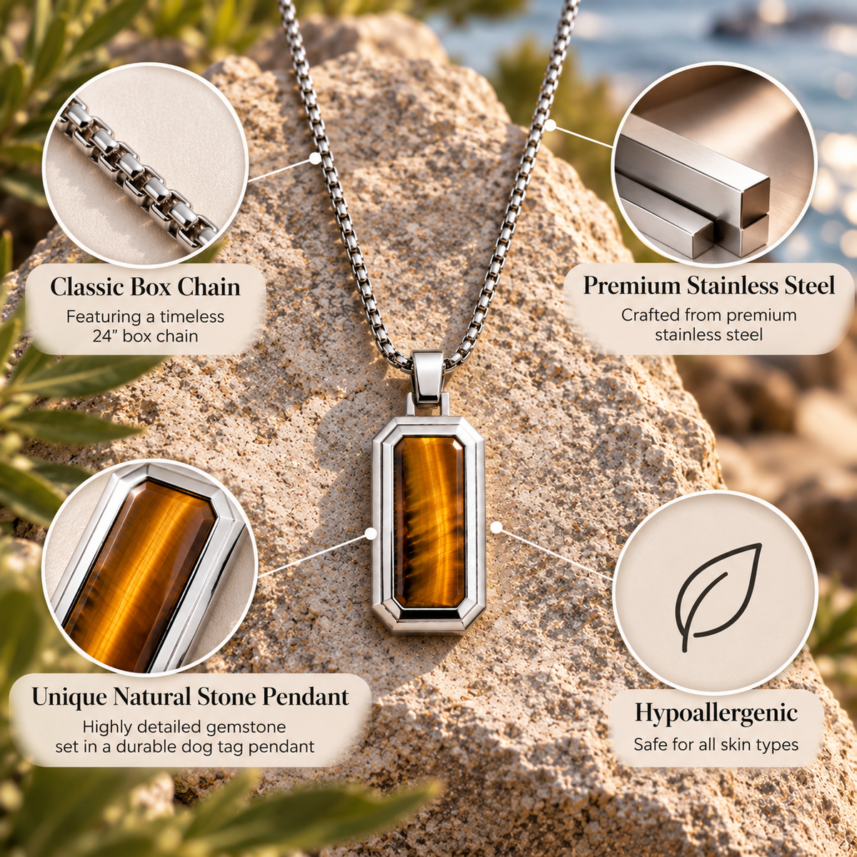Natural Stone Dog Tag Pendant Necklace