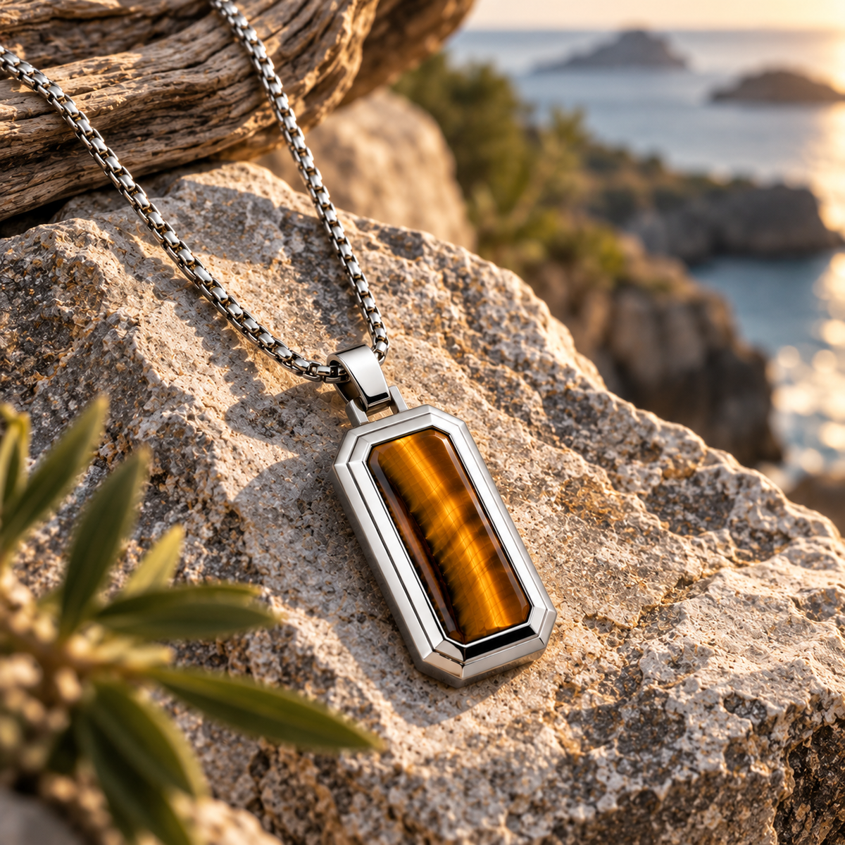 Natural Stone Dog Tag Pendant Necklace