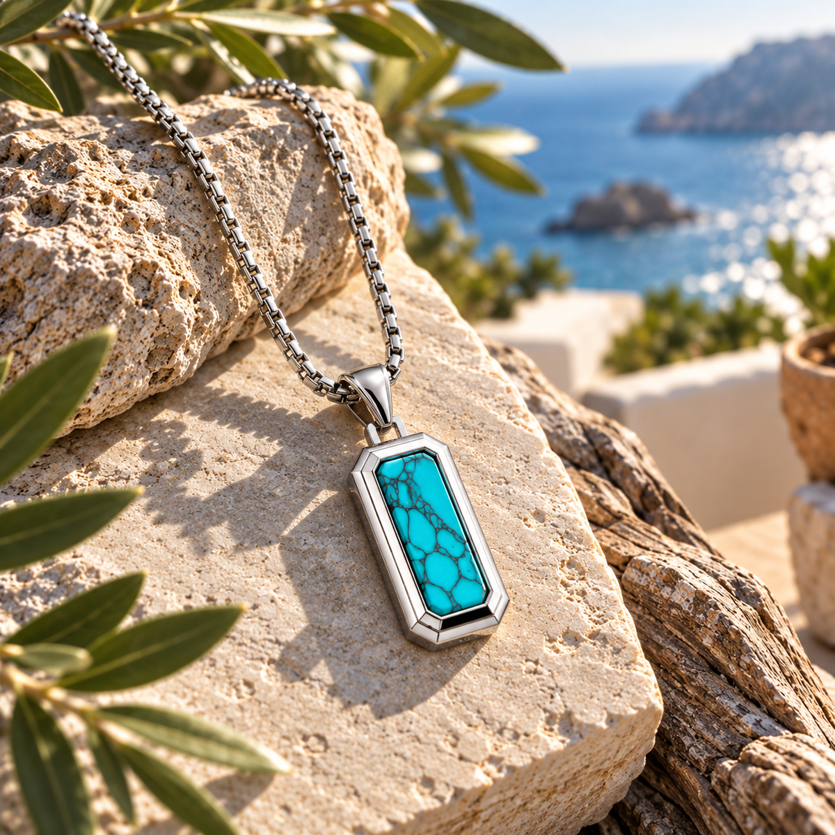Natural Stone Dog Tag Pendant Necklace