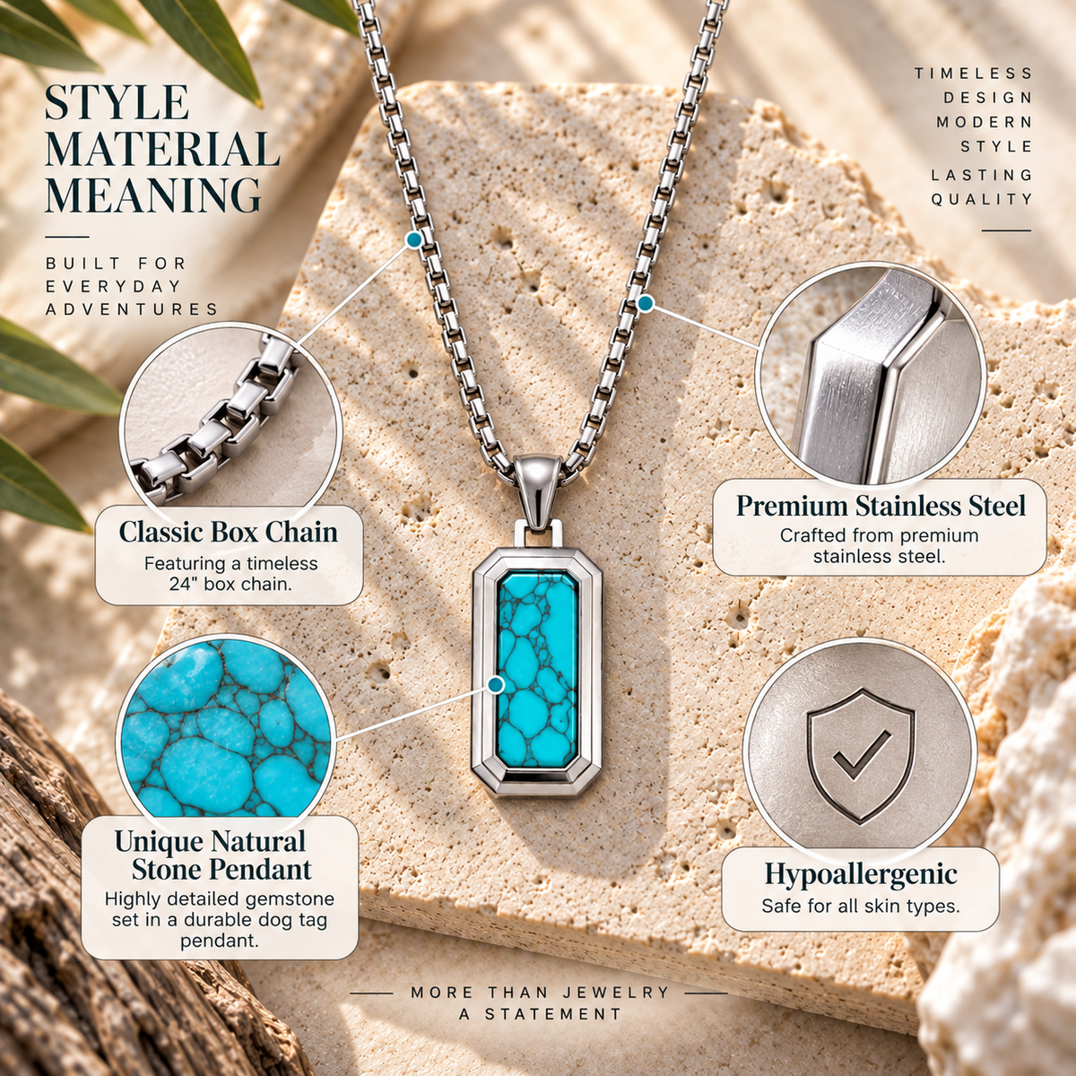 Natural Stone Dog Tag Pendant Necklace