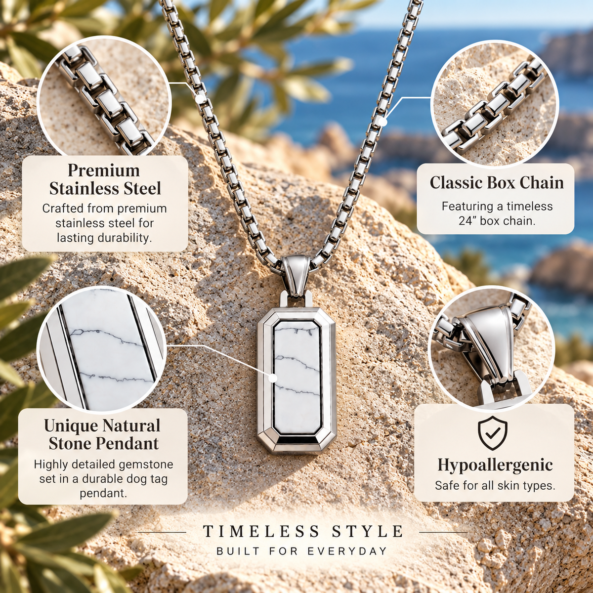 Natural Stone Dog Tag Pendant Necklace