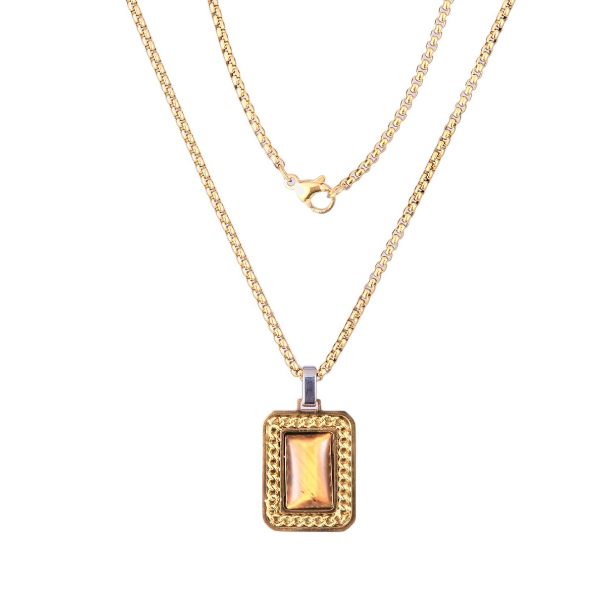 Stainless Steel 18K Gold Plated Curb Chain Necklace with Amber Inlay Pendant