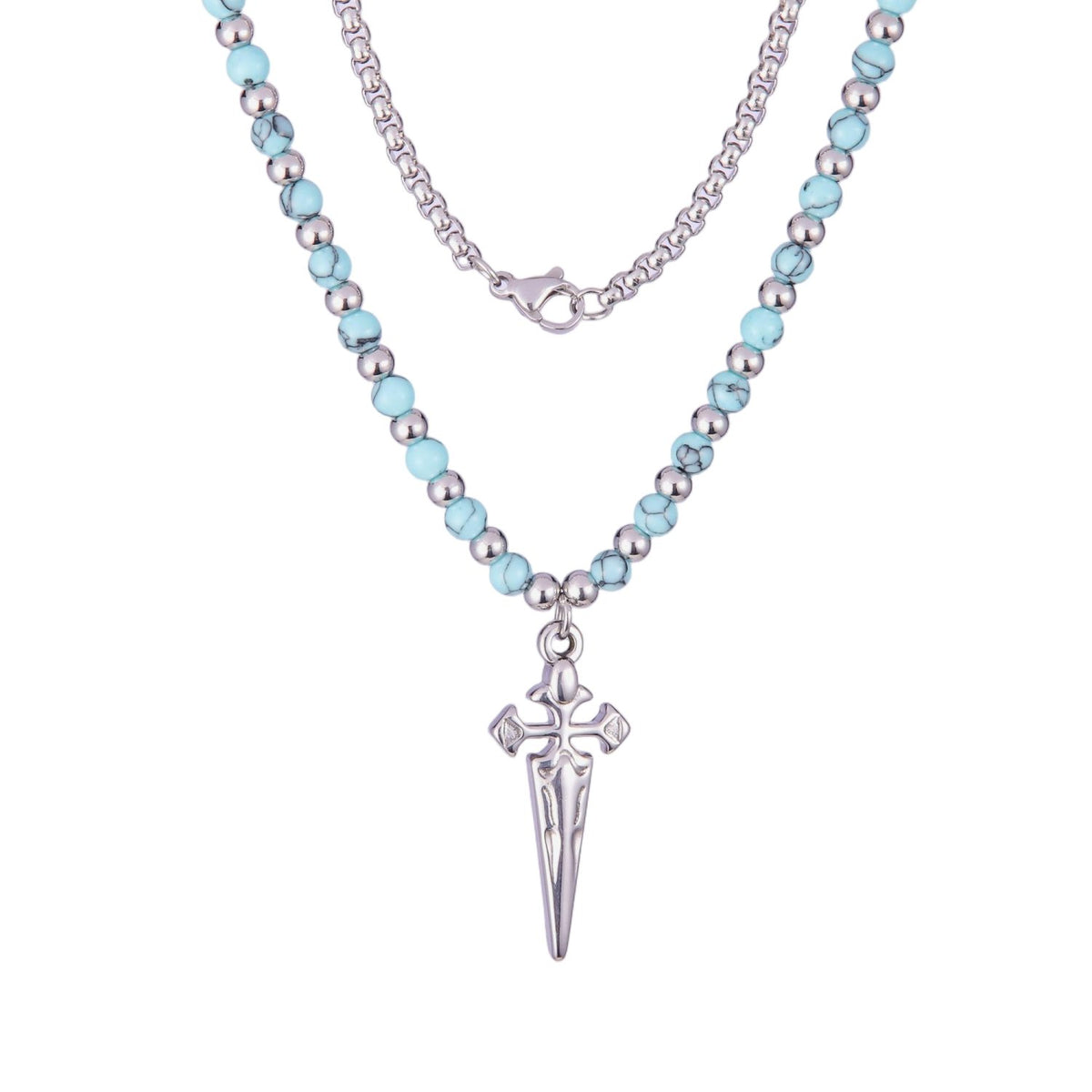 Stainless Steel Silver Tone Dual Layer Blue Bead and Dagger Cross Pendant Necklace