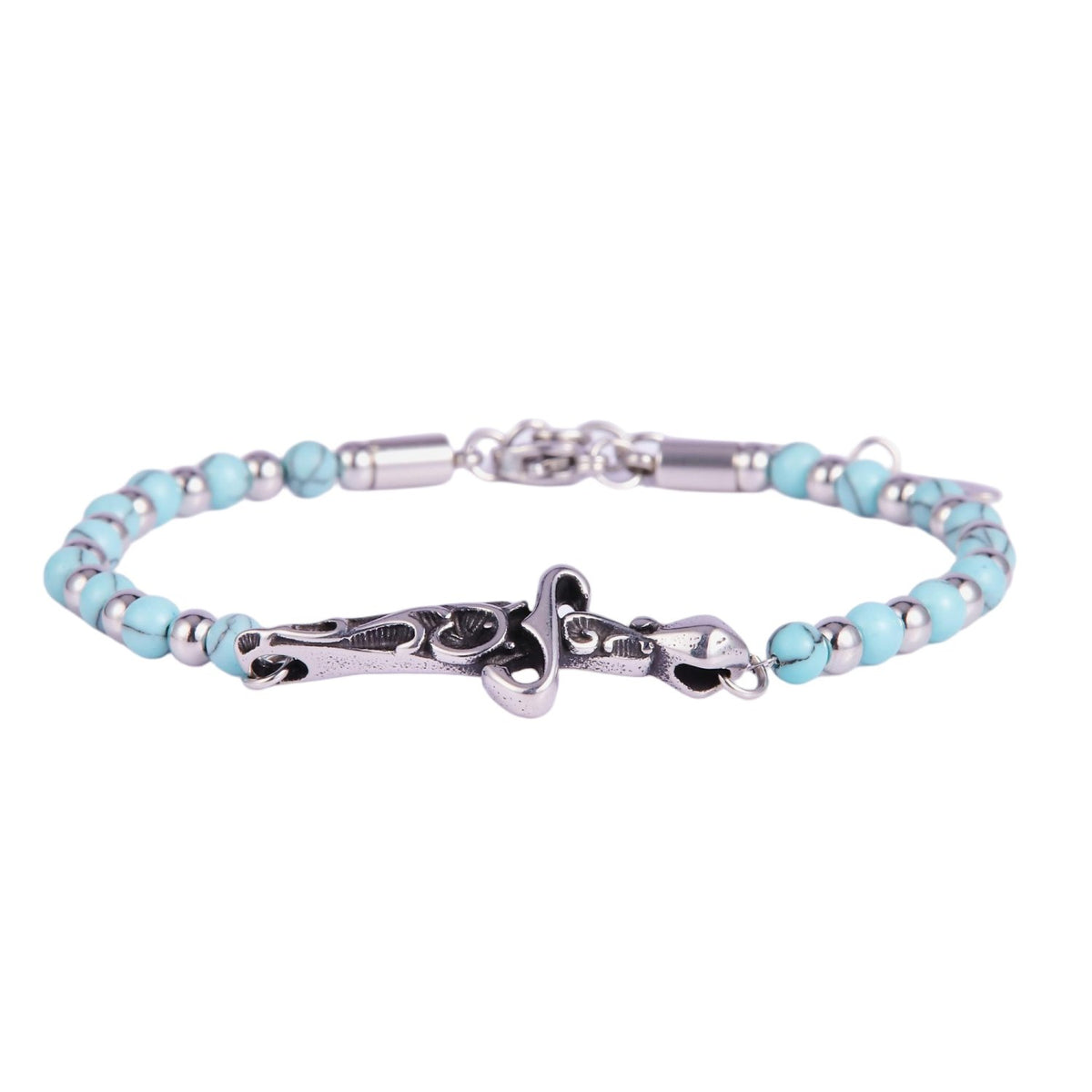 Stainless Steel Silver Tone Turquoise Bead Bracelet with Sword Charm
