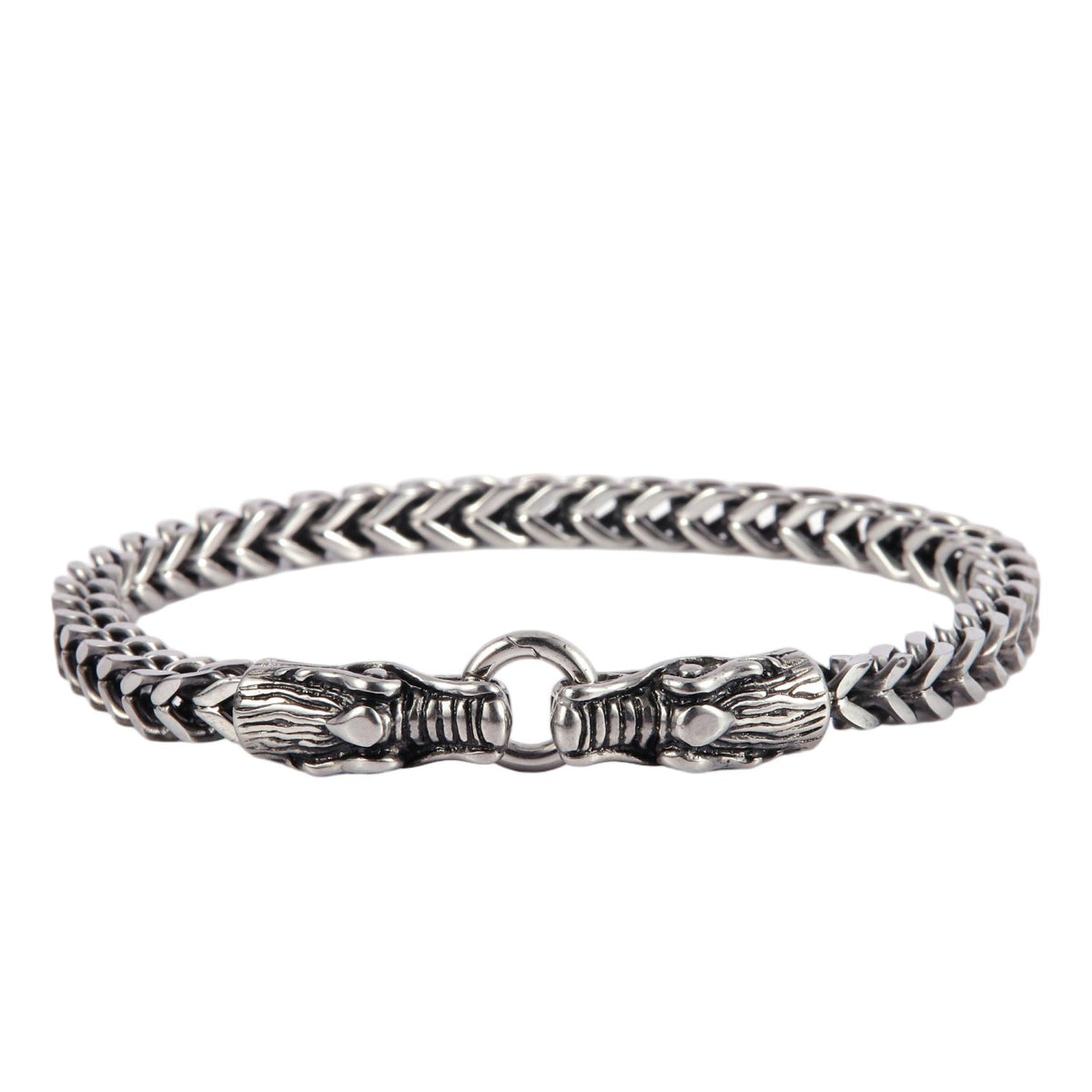 Stainless Steel Silver Tone Double Dragon Head Wheat Chain Bracelet