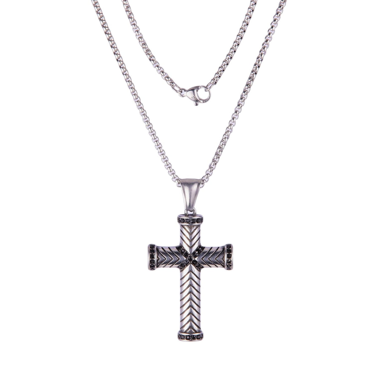 Stainless Steel Silver Tone Box Chain Necklace with Textured Cross Pendant