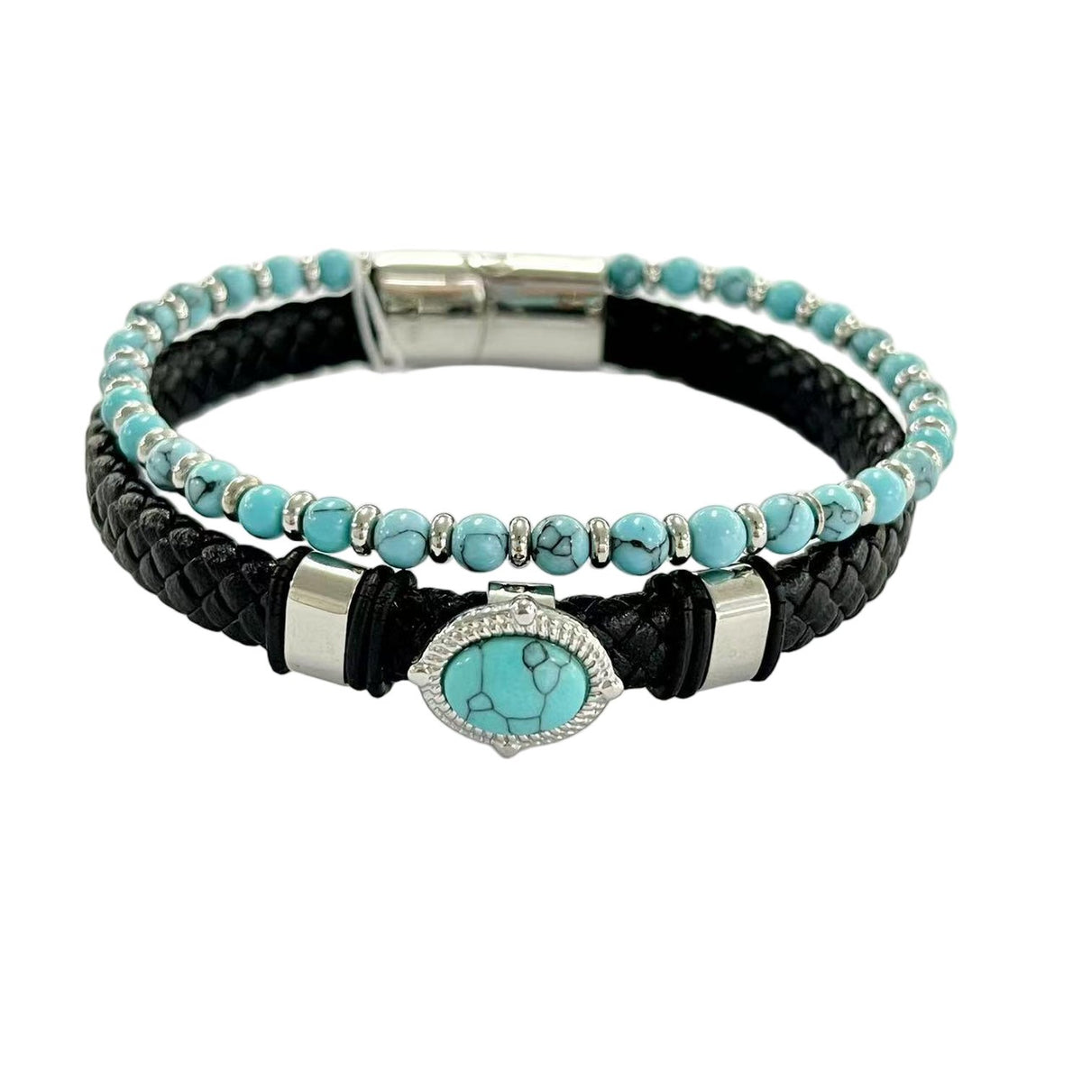 Stainless Steel Silver Tone Braided Cord and Turquoise Bead Multi Strand Bracelet