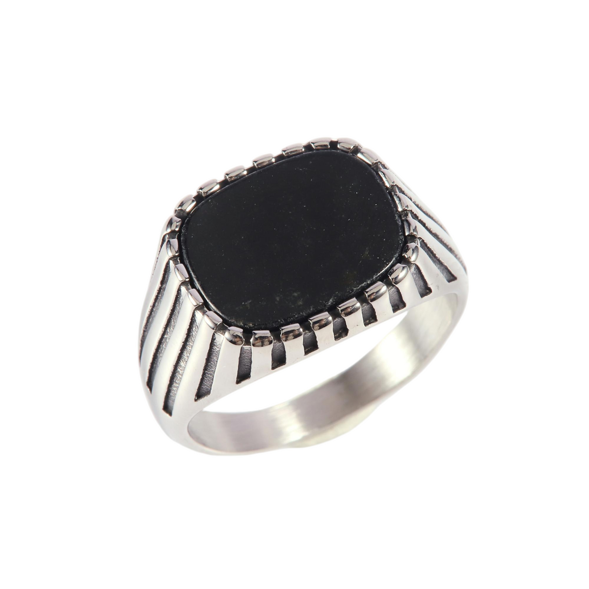 Stainless Steel Silver Tone Square Black Onyx Signet Ring