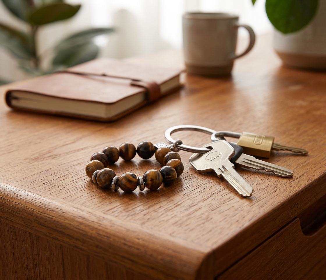Stainless Steel Silver Tone Tiger Eye Bead Keychain