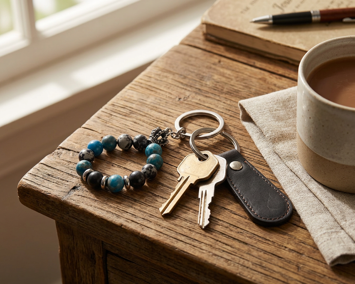 Stainless Steel Silver Tone Blue Bead Keychain