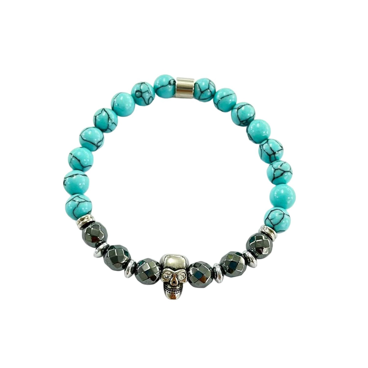 Stainless Steel Silver Tone Turquoise and Black Bead Skull Bracelet
