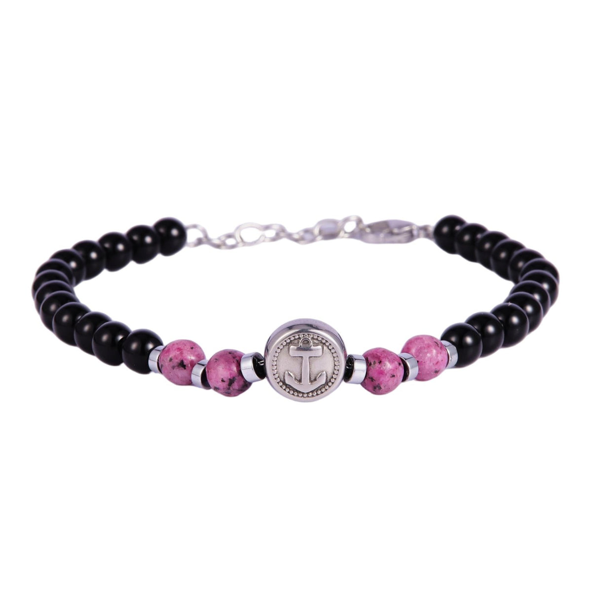 Stainless Steel Silver Tone Pink and Black Bead Anchor Bracelet