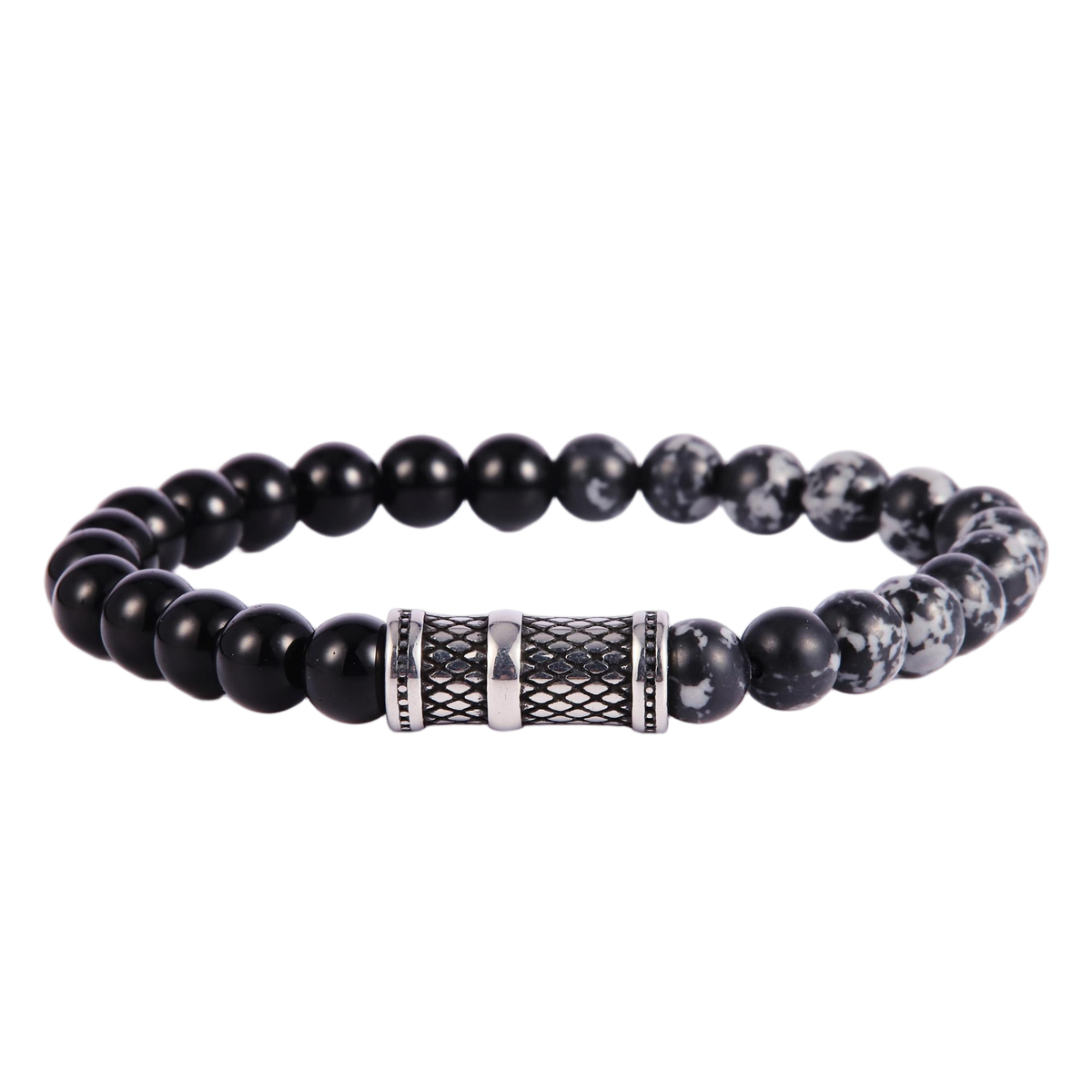 Stainless Steel Silver Tone Snowflake Obsidian Black Onyx Bead Bracelet