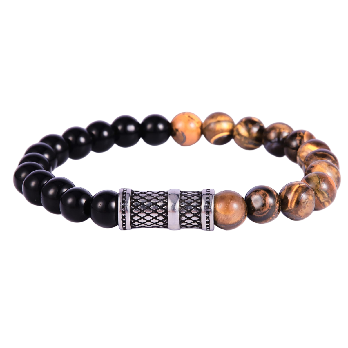 Stainless Steel Silver Tone Tiger Eye and Black Onyx Bead Bracelet