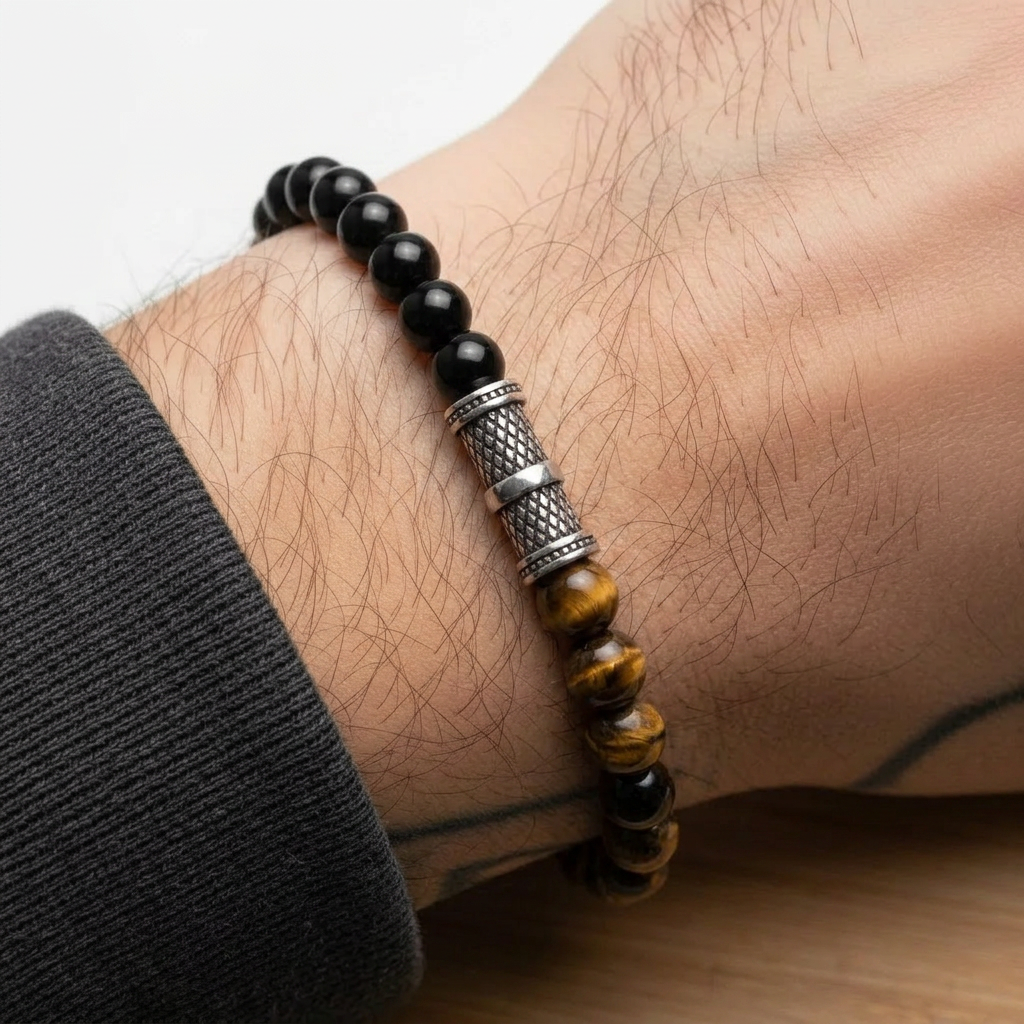 Stainless Steel Silver Tone Tiger Eye and Black Onyx Bead Bracelet