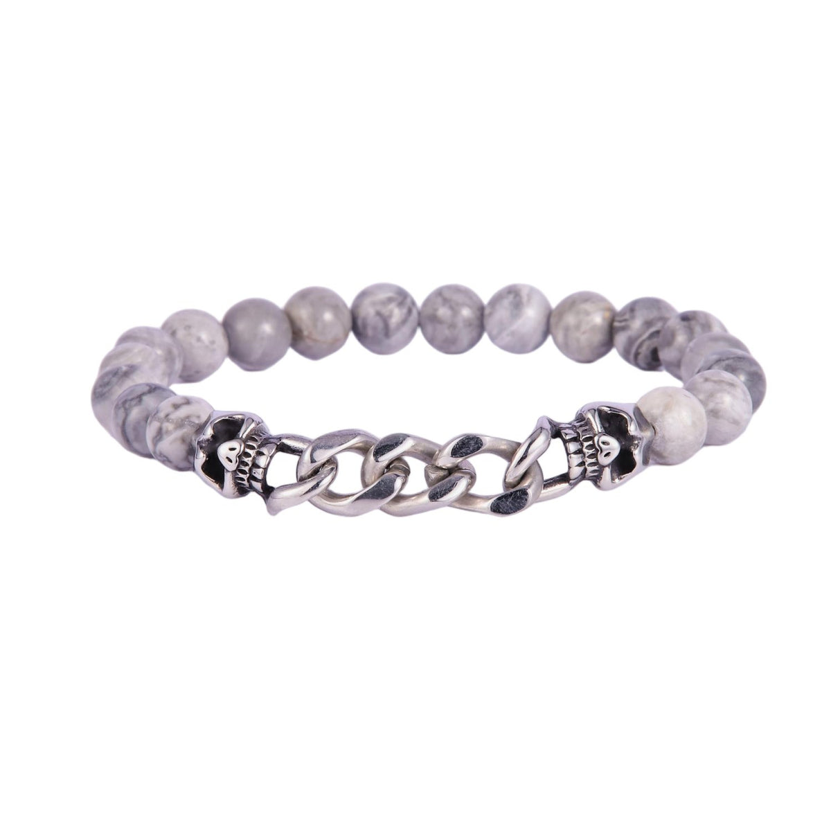 Stainless Steel Silver Tone Grey Jasper Bead Chain Bracelet with Skulls