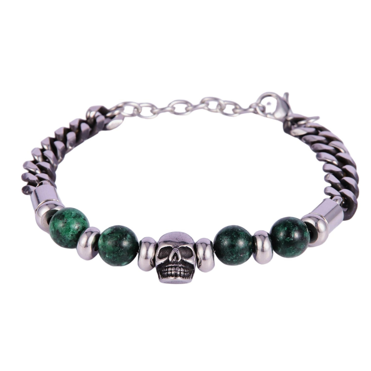 Stainless Steel Silver Tone Green Tiger Eye Bead Skull Chain Bracelet