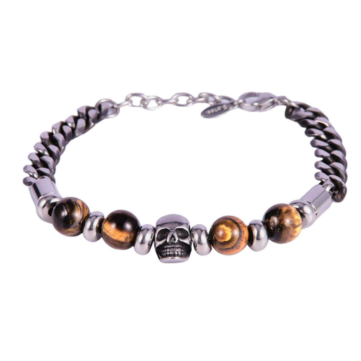 Stainless Steel Silver Tone Tiger Eye Bead Skull Chain Bracelet
