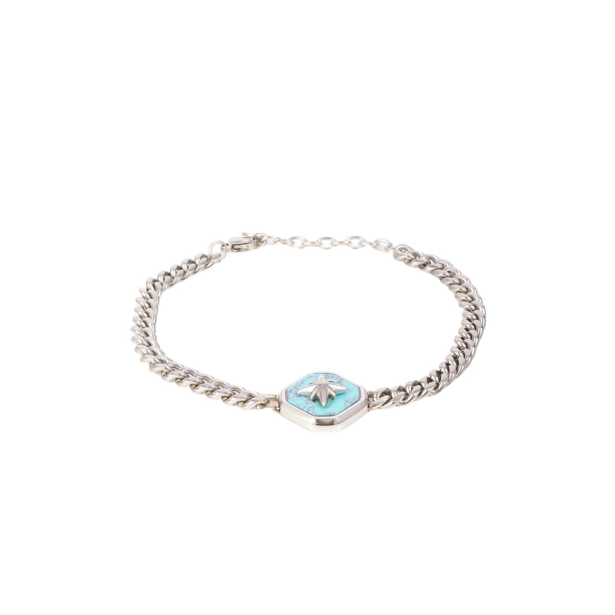 Stainless Steel Silver Tone Curb Chain Bracelet with Blue Accent Pendant