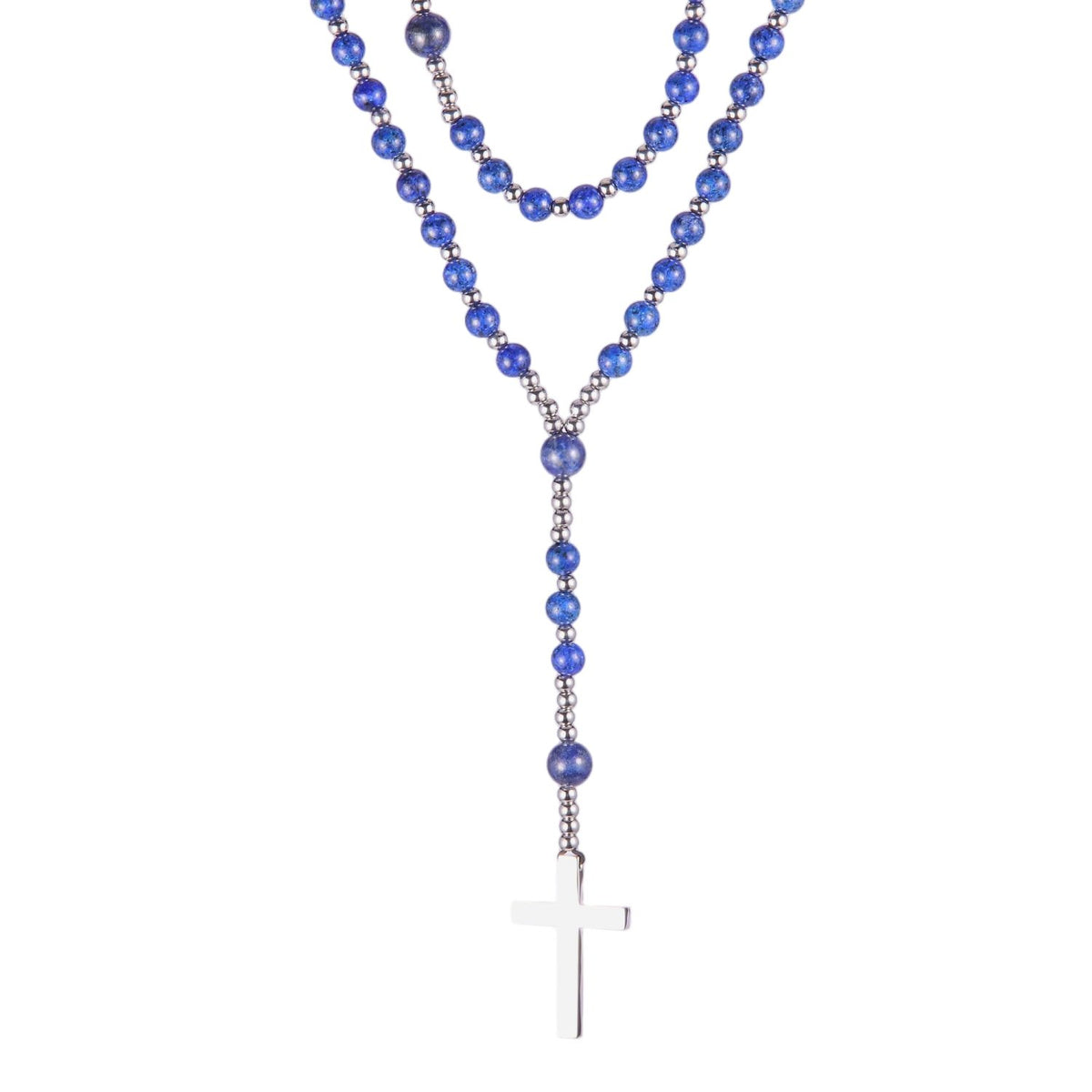 Stainless Steel Silver Tone Blue Bead Rosary Y Necklace with Crucifix Pendant
