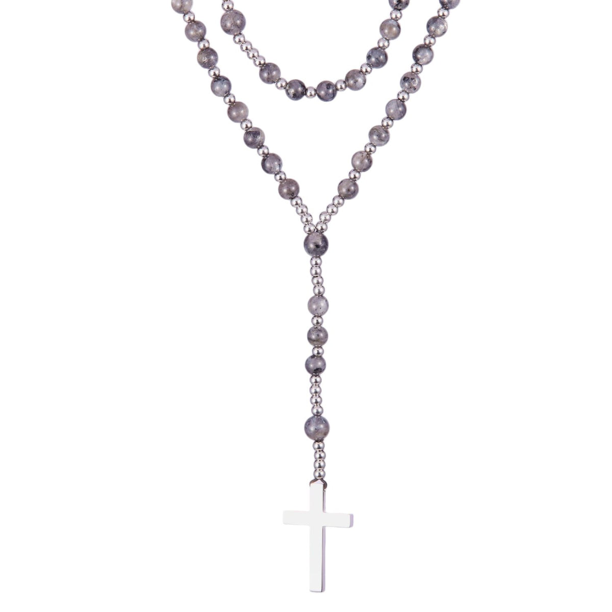 Stainless Steel Silver Tone Faceted Bead Rosary Y Necklace with Crucifix Pendant