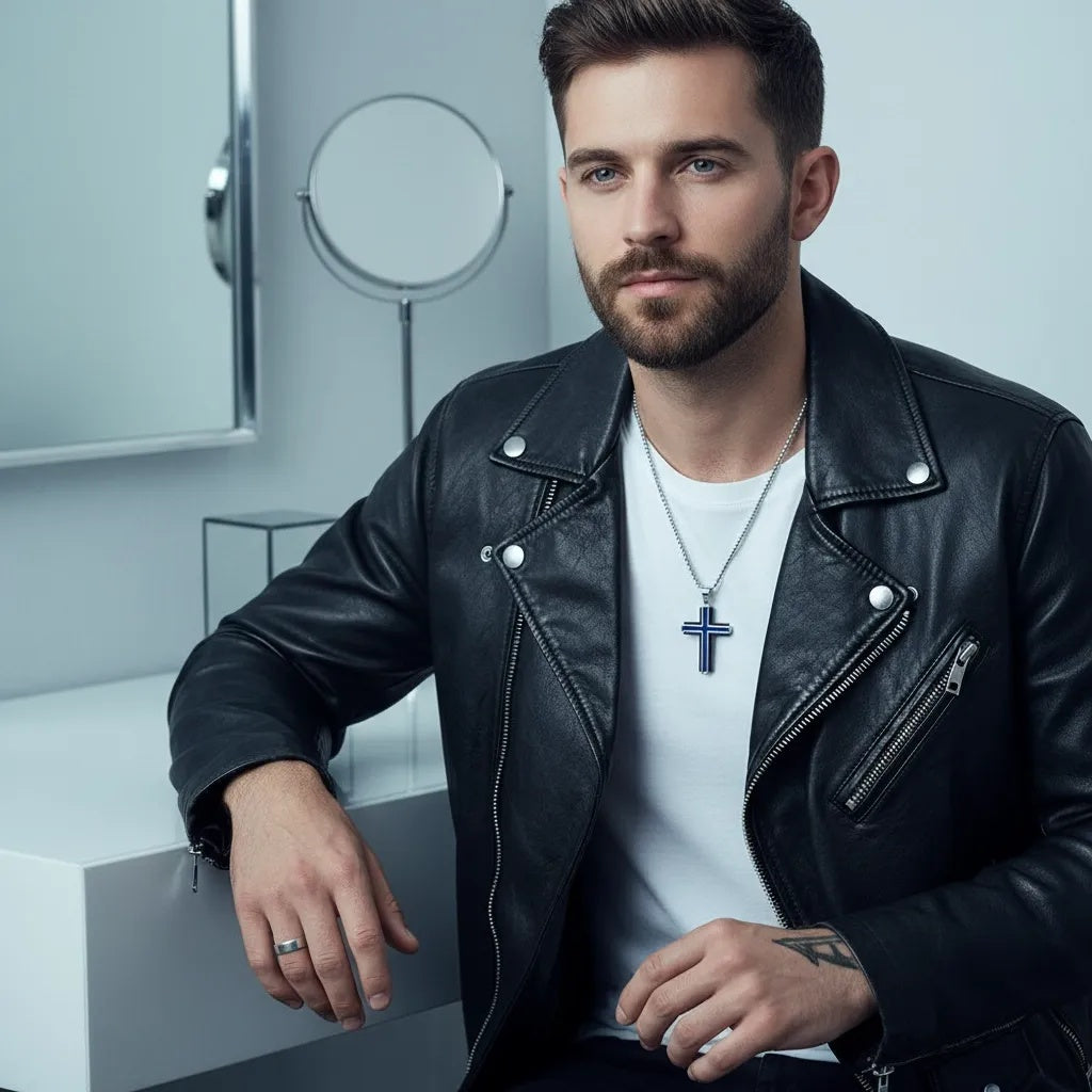 Black Blue and Steel Cross Pendant Necklace
