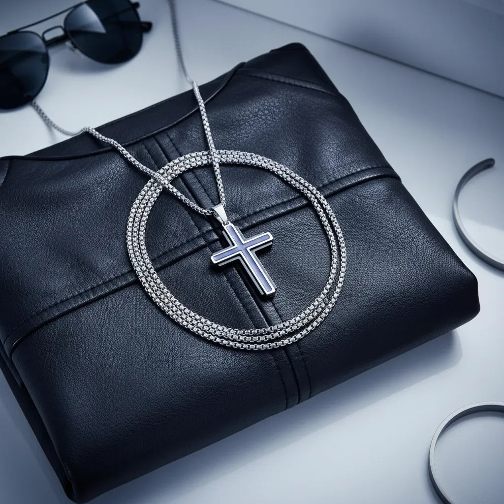 Black Blue and Steel Cross Pendant Necklace