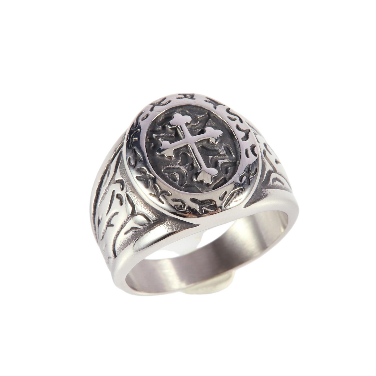 Stainless Steel Silver Tone Textured Cross Signet Ring