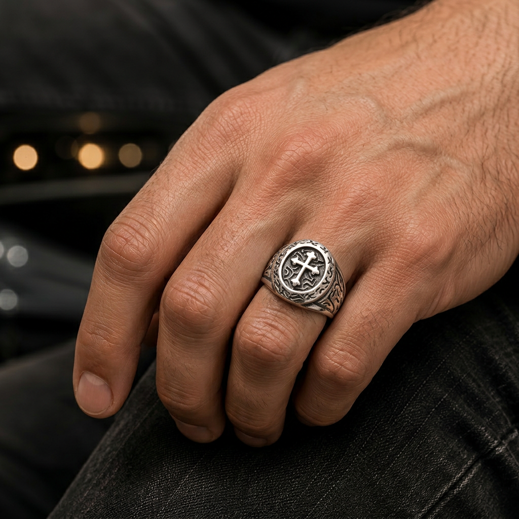 Stainless Steel Silver Tone Textured Cross Signet Ring
