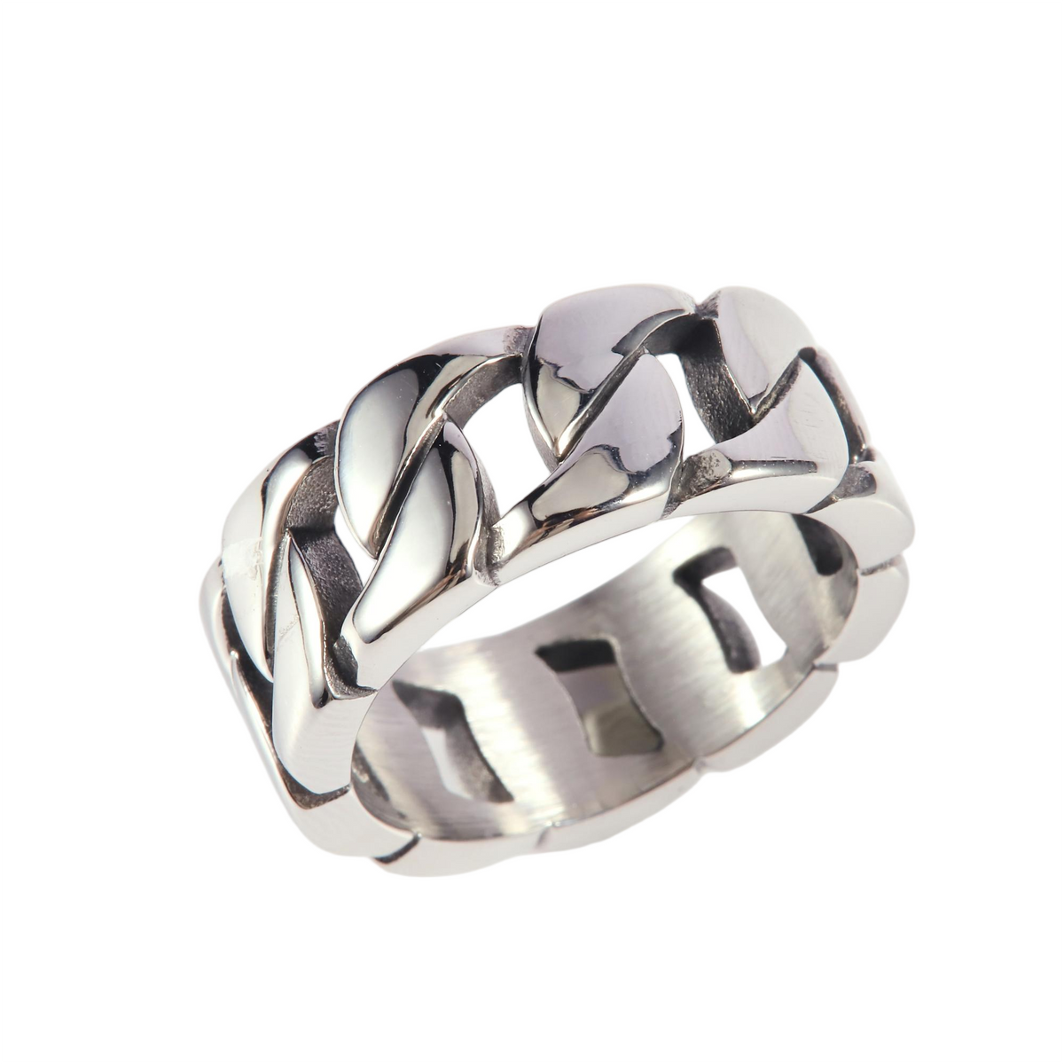 Stainless Steel Silver Tone Cuban Link Band Ring