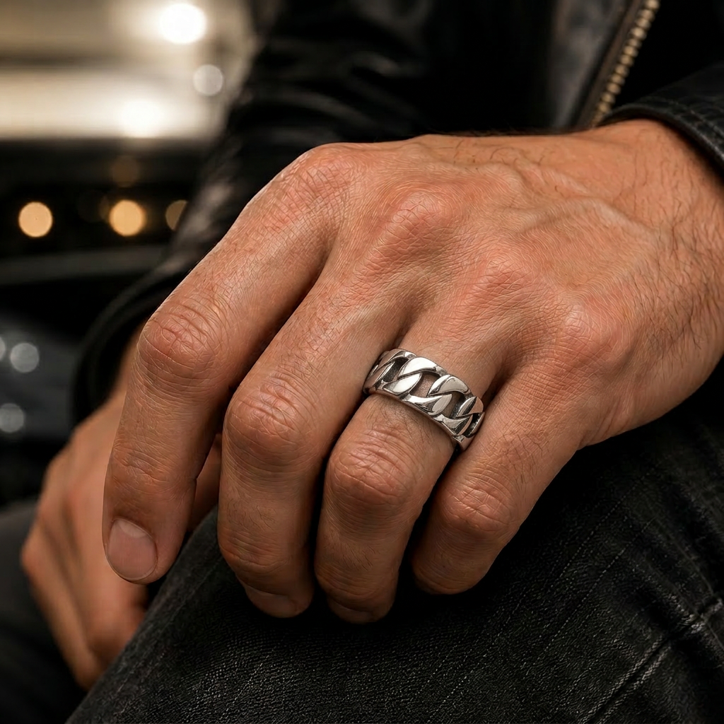 Stainless Steel Silver Tone Cuban Link Band Ring
