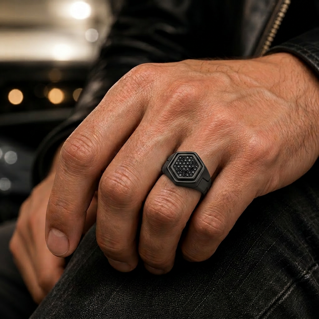 Stainless Steel Black Plated Geometric Design Signet Ring