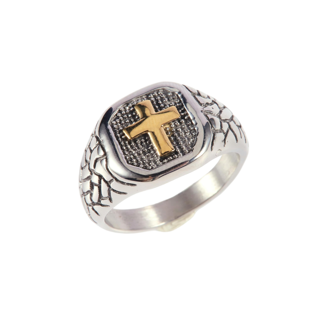 Stainless Steel Silver Tone Cross Signet Ring