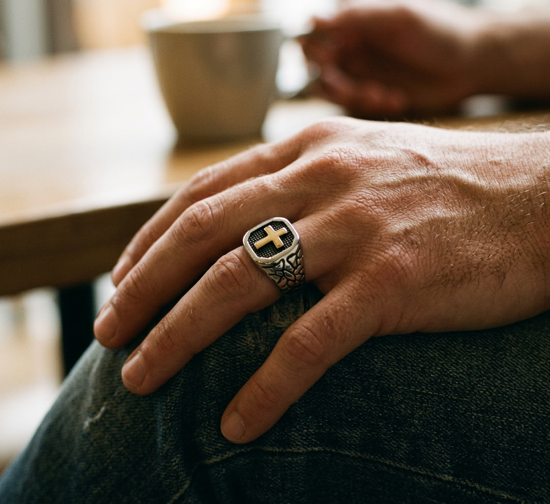 Stainless Steel Silver Tone Cross Signet Ring
