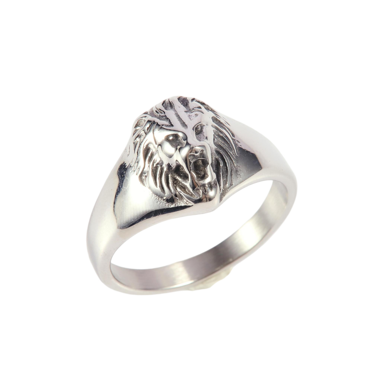 Stainless Steel Silver Tone Lion Head Signet Ring
