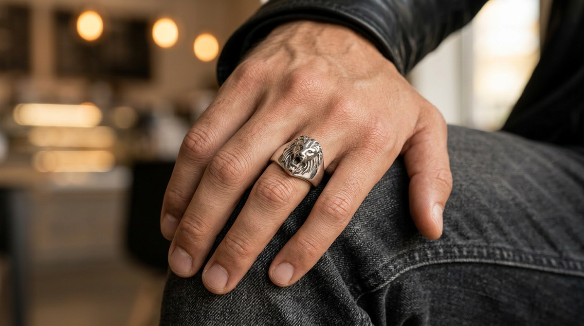 Stainless Steel Silver Tone Lion Head Signet Ring