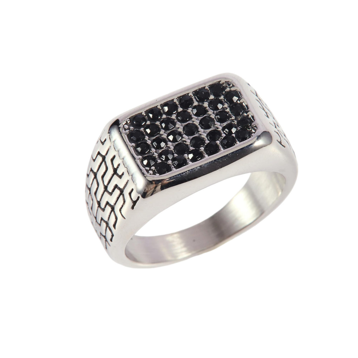 Stainless Steel Silver Tone Signet Ring with Black Cubic Zirconia