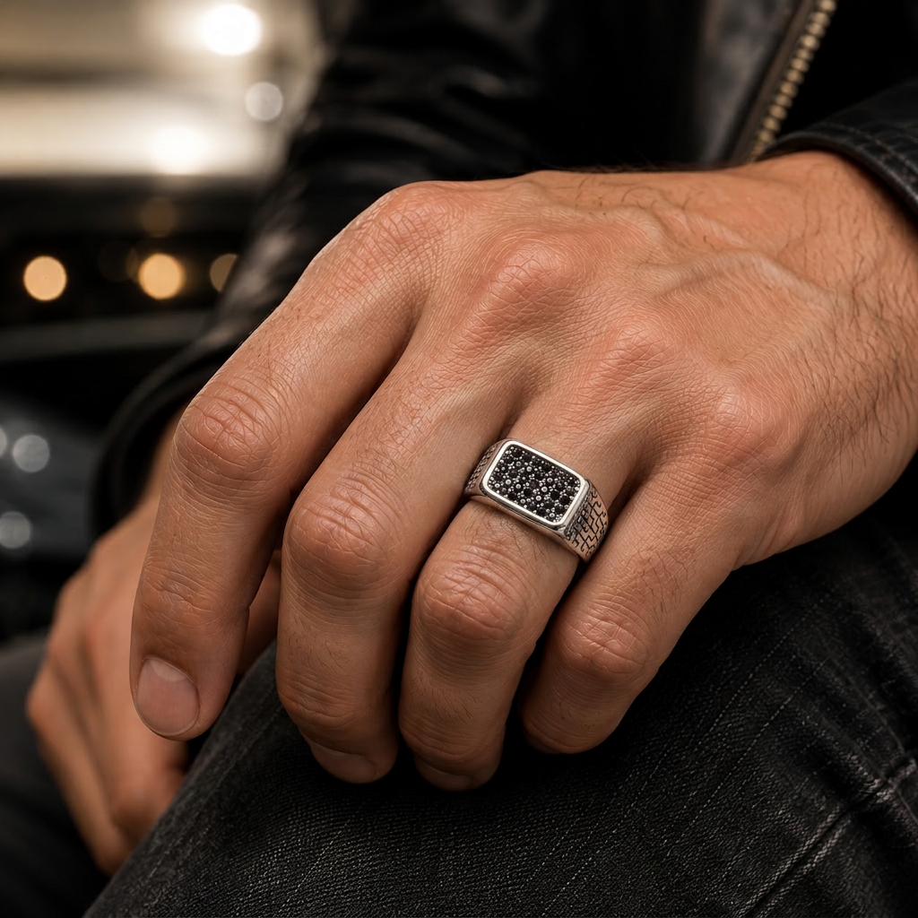 Stainless Steel Silver Tone Signet Ring with Black Cubic Zirconia