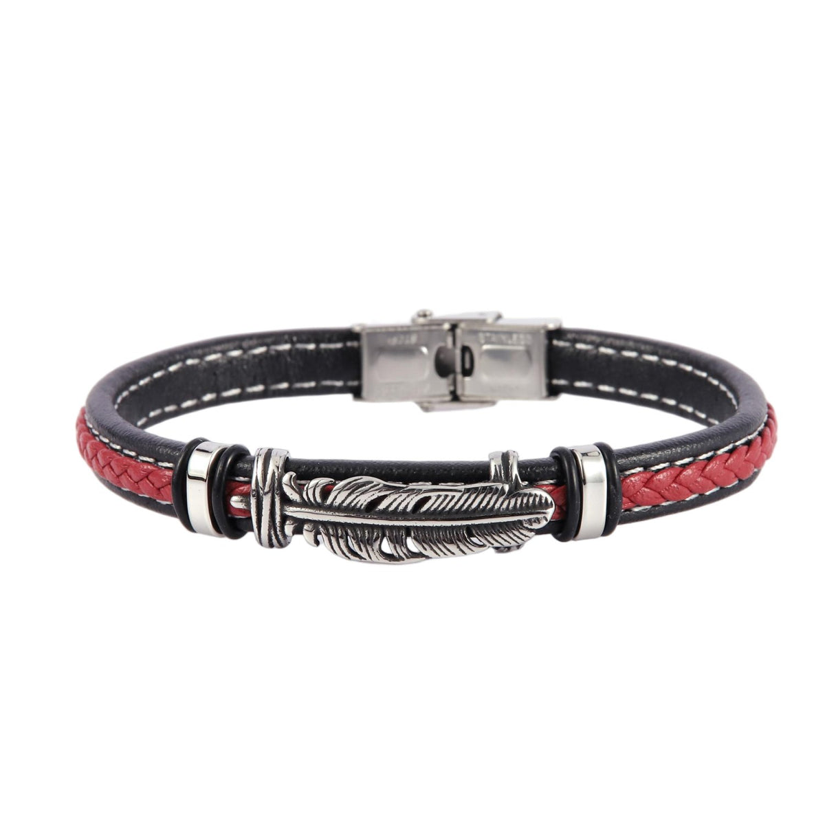 Stainless Steel Silver Tone Black and Red Braided Cord Bracelet with Feather Pendant