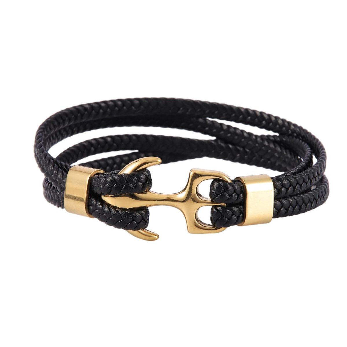 Stainless Steel Gold Plated Black Braided Cord Anchor Clasp Bracelet