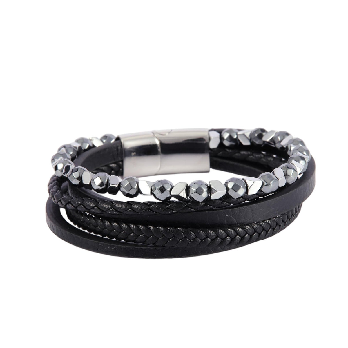 Stainless Steel Silver Tone and Black Leather Multi Strand Bracelet