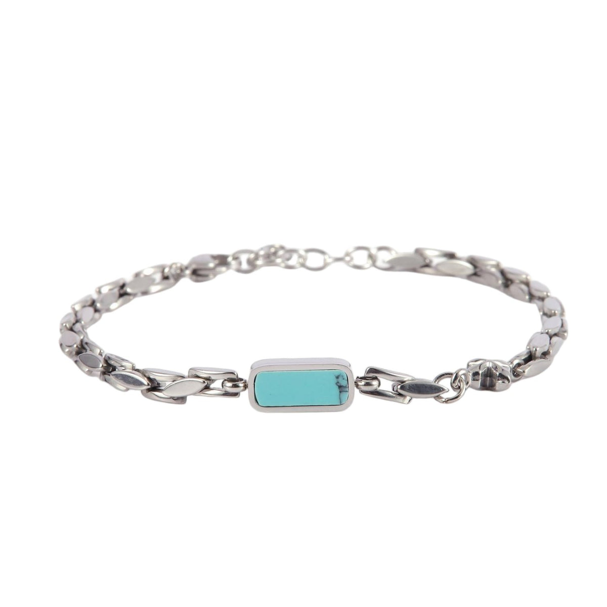 Stainless Steel Silver Tone Oval Link Bracelet with Turquoise Bar