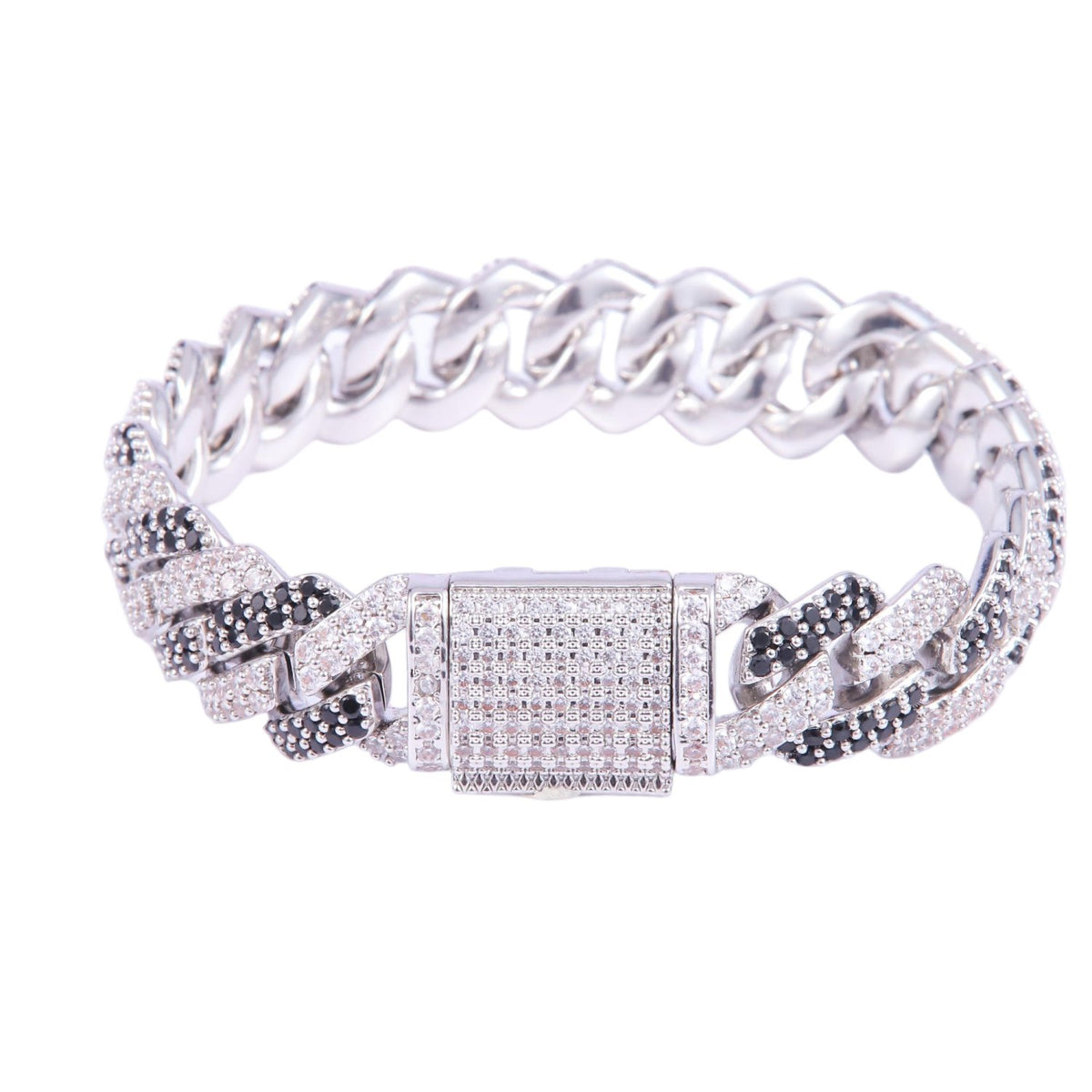 12mm Stainless Steel Silver-Tone Miami Cuban Link Bracelet for Men – Black & Clear CZ Pave, Iced-Out Lockbox Clasp, Hip Hop Cuban Chain
