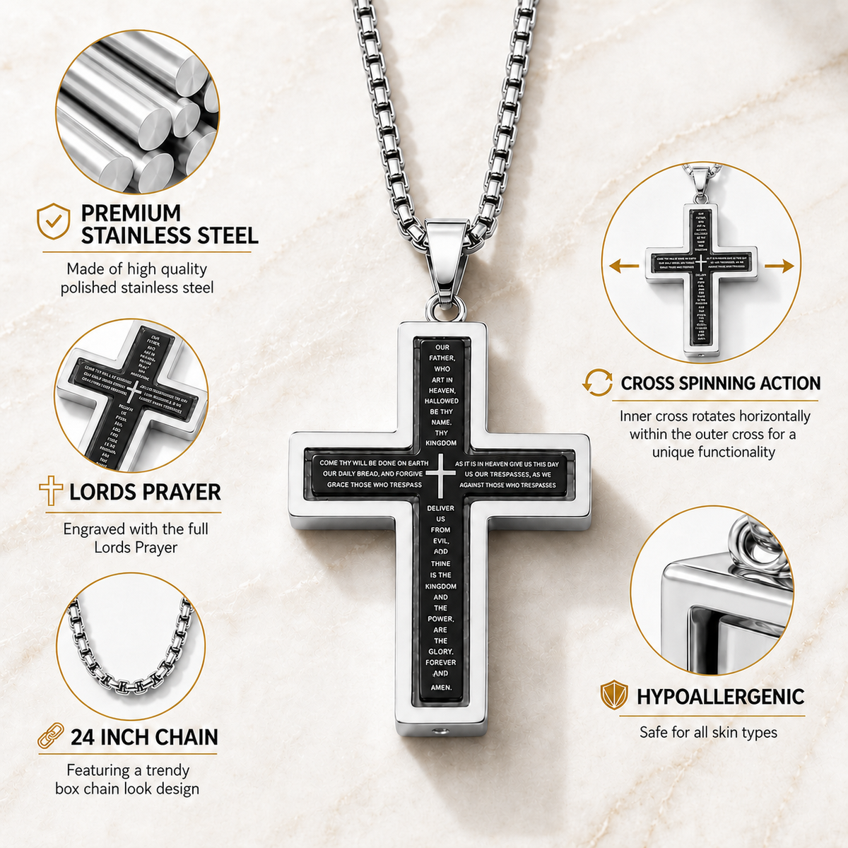 Lords Prayer Rotating Cross Necklace
