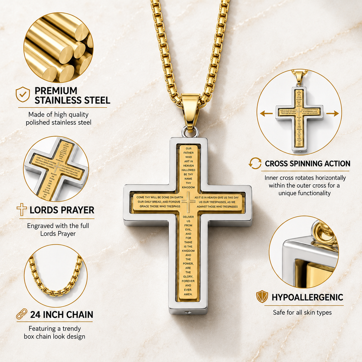 Lords Prayer Rotating Cross Necklace