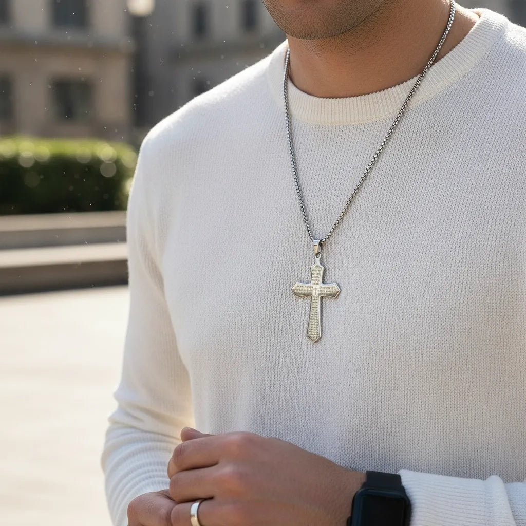 Men’s Stainless Steel Lord’s Prayer Cross Necklace – Engraved Pendant with Box Chain