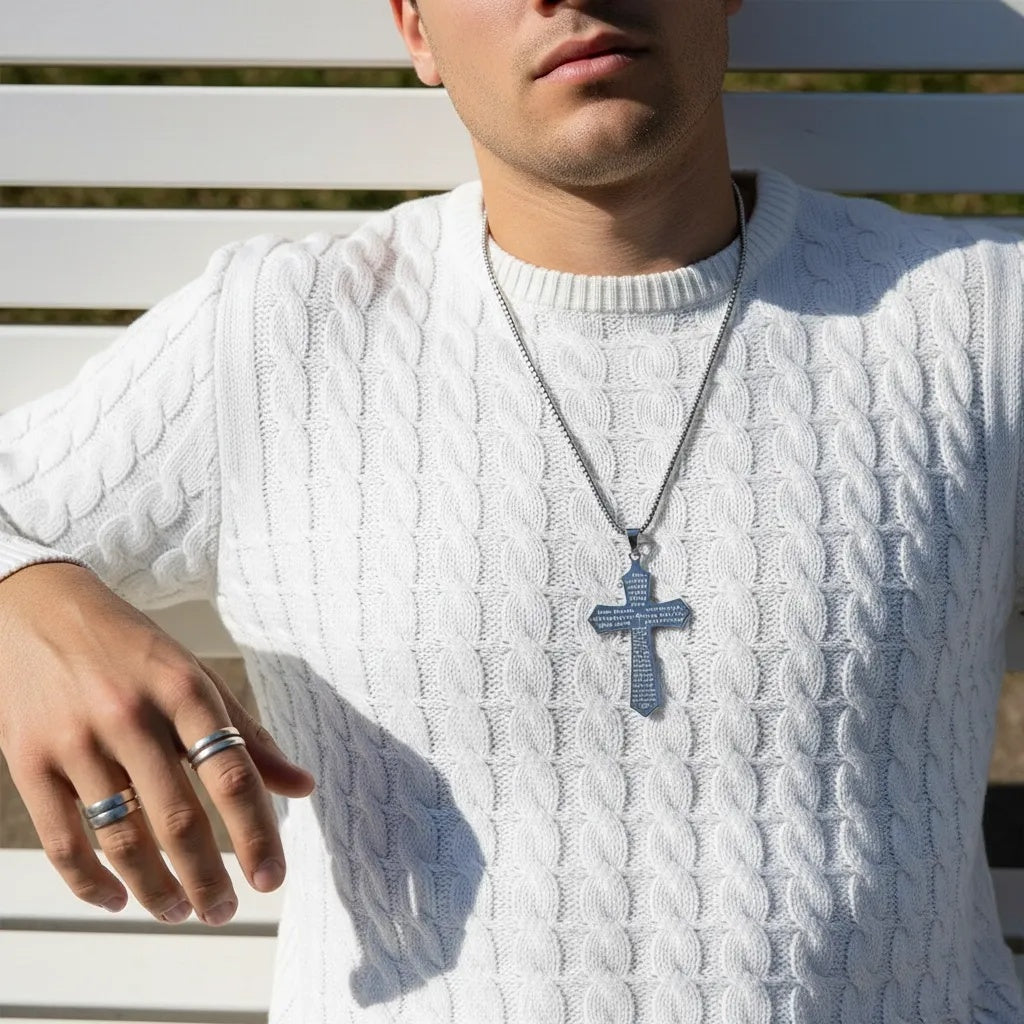 Men’s Stainless Steel Lord’s Prayer Cross Necklace – Engraved Pendant with Box Chain