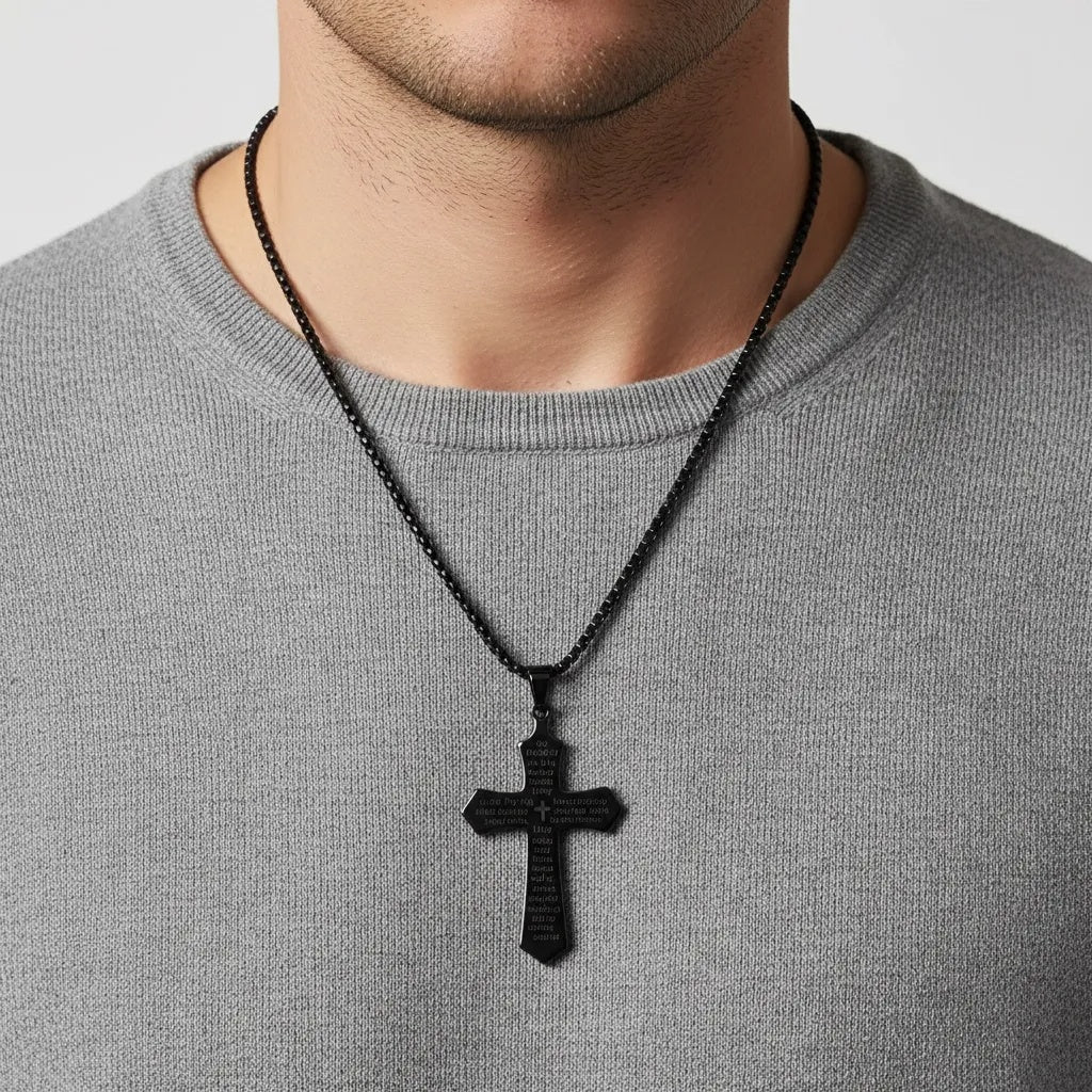 Men’s Stainless Steel Lord’s Prayer Cross Necklace – Engraved Pendant with Box Chain